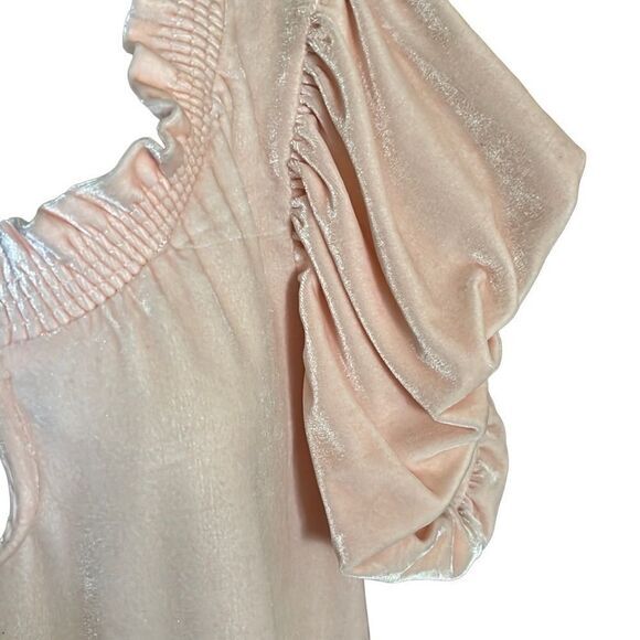 Free People Terese Top Size M Pink Tint Velvet poof short sleeve ruffle Tie Neck - Picture 7 of 12